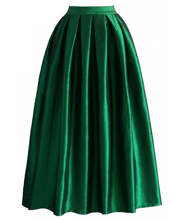 Women Pleated Maxi Skirt Satin Skirts High Waisted Long - Dark Green ...
