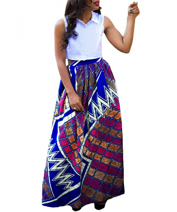 Women's African Floral Print Maxi Skirts A Line Long Skirts With Pocket ...