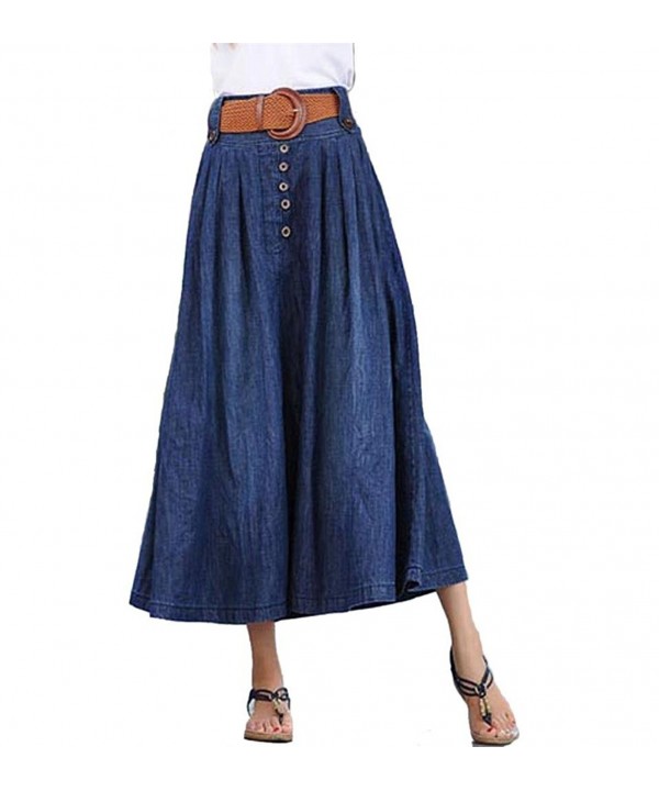 Women's Elastic Waist Pleated Flared Denim Long Skirt - Dark Blue ...