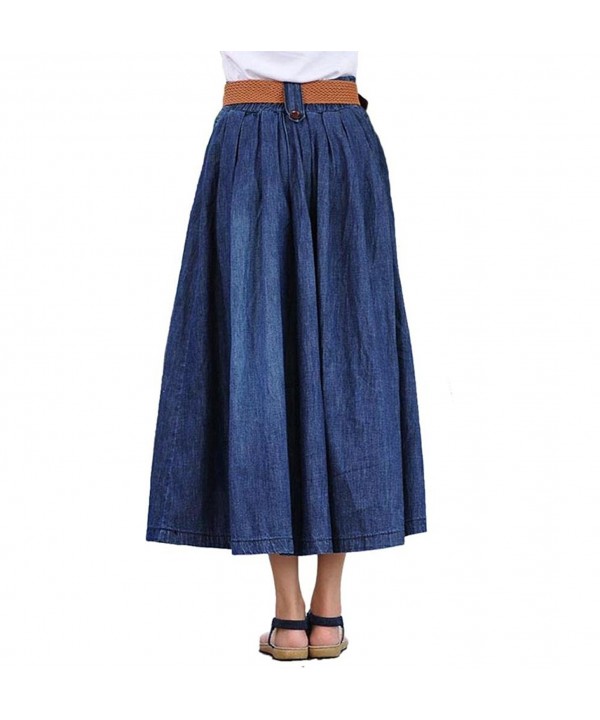 Women's Elastic Waist Pleated Flared Denim Long Skirt - Dark Blue ...