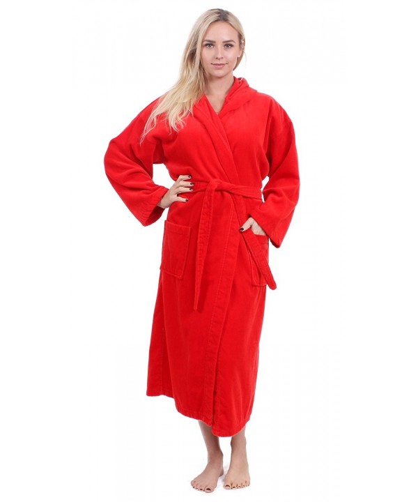 Women's Turkish Cotton Robe- Terry Velour Hooded Bathrobe - Red ...