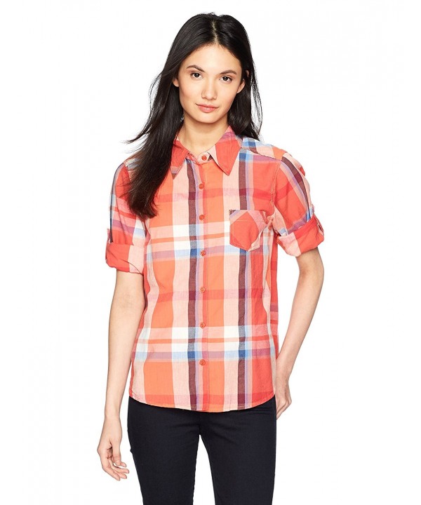 Women's Long Sleeve Yarn Dye Plaid Shirt - Orange - CV185WN2UN2