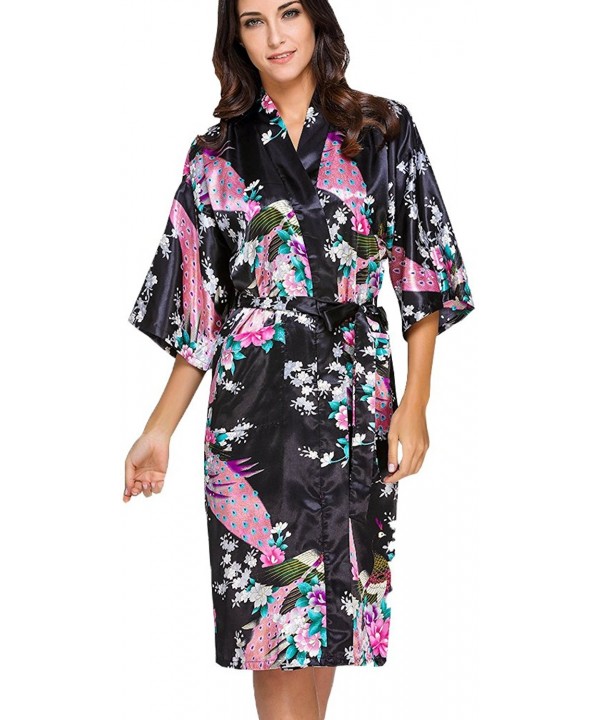 Women's Long Kimono Robe Peacock Blossoms Bridal Nightwear Satin ...