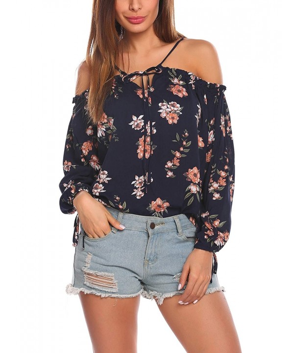 Women's Casual Off Shoulder Blouses Loose Fit Drawstring Tops Floral ...