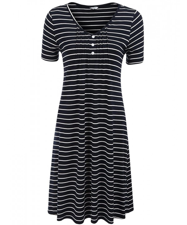 Womens Short Sleeve Striped Nightgown V Neck Buttons Sleepwear - Navy ...