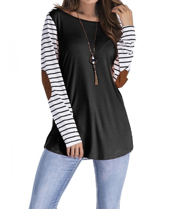 Womens Plus Size Raglan Shirts Long Sleeve Floral Top Striped Tshirt Tunic with Elbow Patch