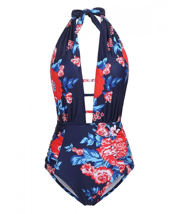 Ekouaer Swimsuit Swimwear Monokinis Print Blue