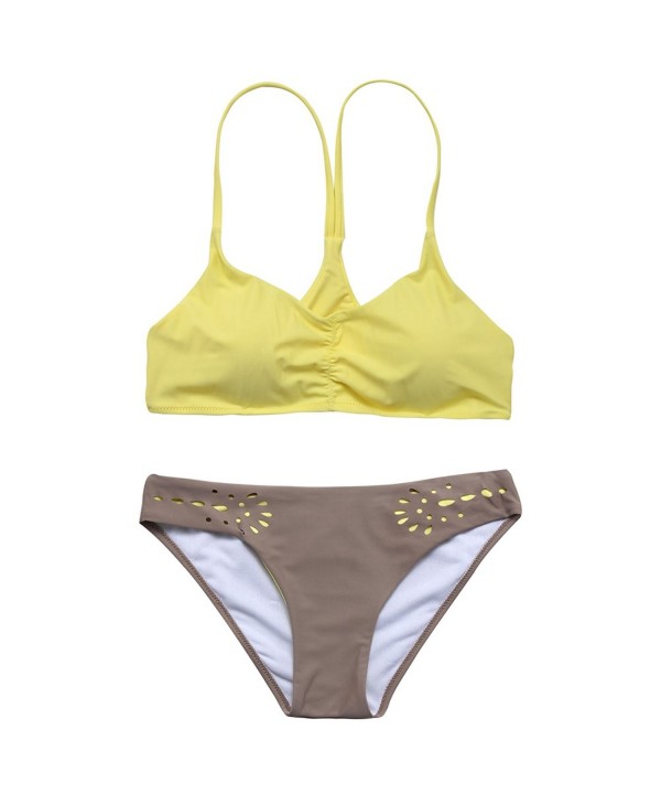 Strappy Racerback Bikini-Halter Swimsuit For Women - Yellow - CU182LLERA2