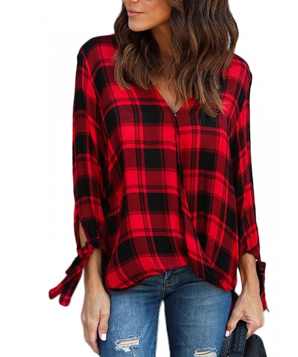Women 3/4 Long Sleeve V Neck Casual Plaid Tops Shirts - Red - CW185ZIAACE