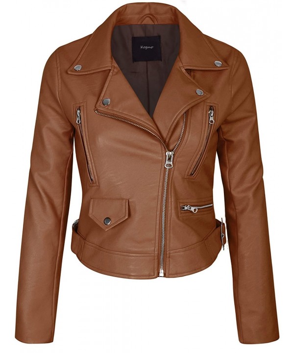 KOGMO Womens Breasted Leather Jacket L Cognac