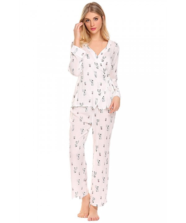 Womens Pajamas Cat Print Long Woven PJ Set Nightwear - Off White ...