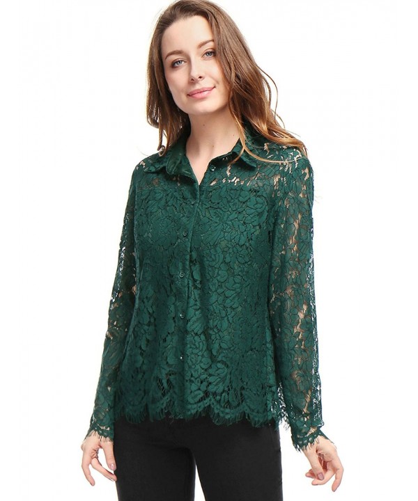 Women's Floral Lace Sheer Yoke Eyelash Trim Long Sleeves Shirt - Green ...