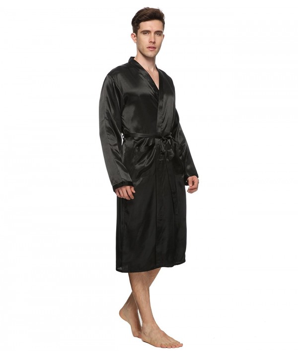 Men Satin Robe Long Bathrobe Lightweight Sleepwear - Black - CH12L7FETM3