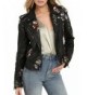 BerryGo Womens Floral Embroidered Faux Leather Moto Jacket Coat Black M
