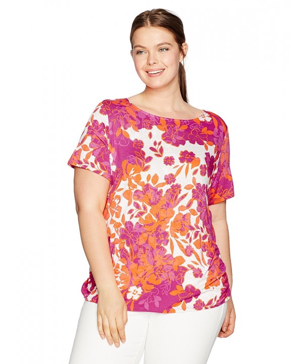 Women's Plus Size Floral Short Sleeve Knit Top With Double Side Ruching ...